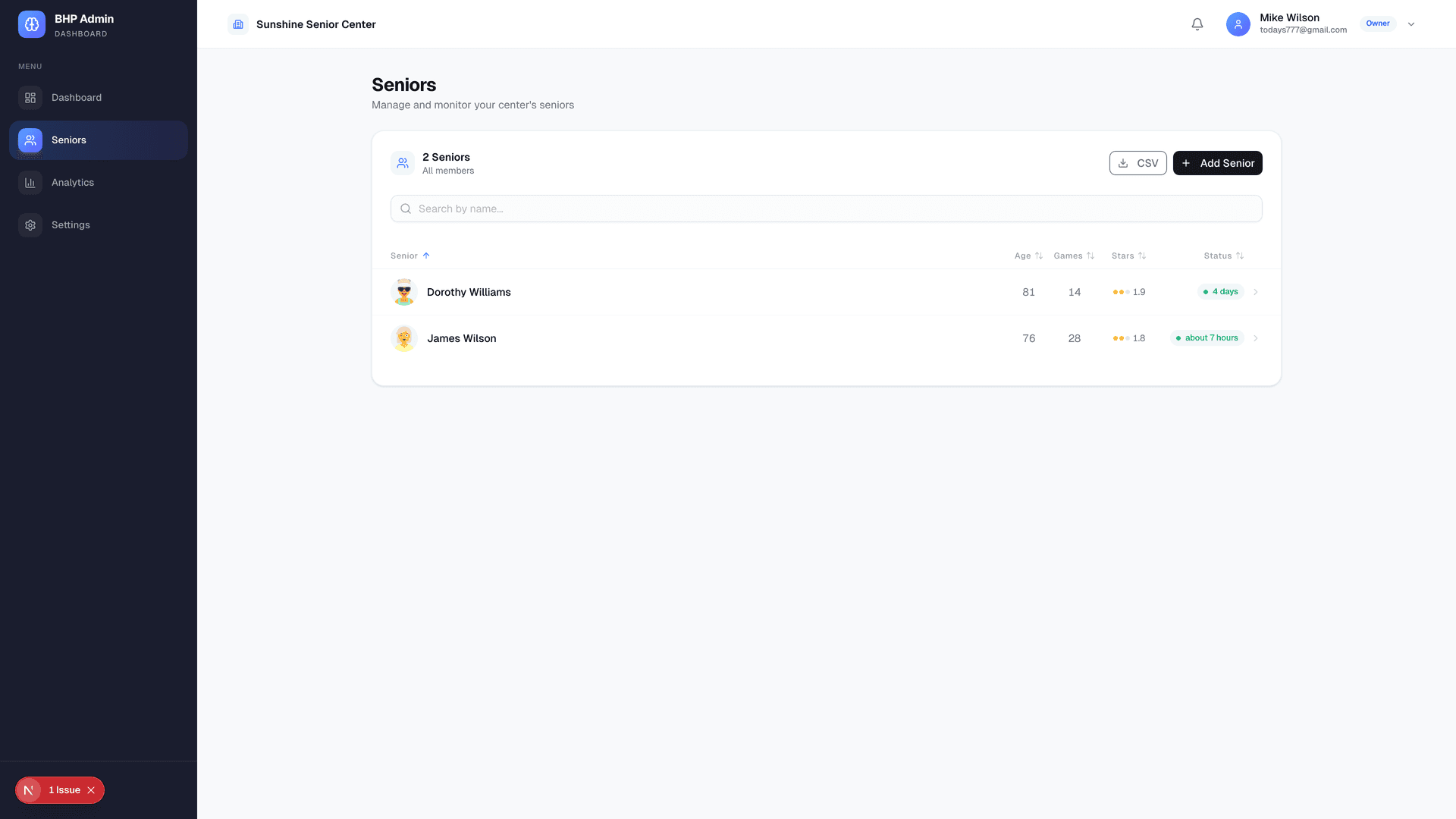 Senior management interface showing profiles with avatars, ages, and game statistics
